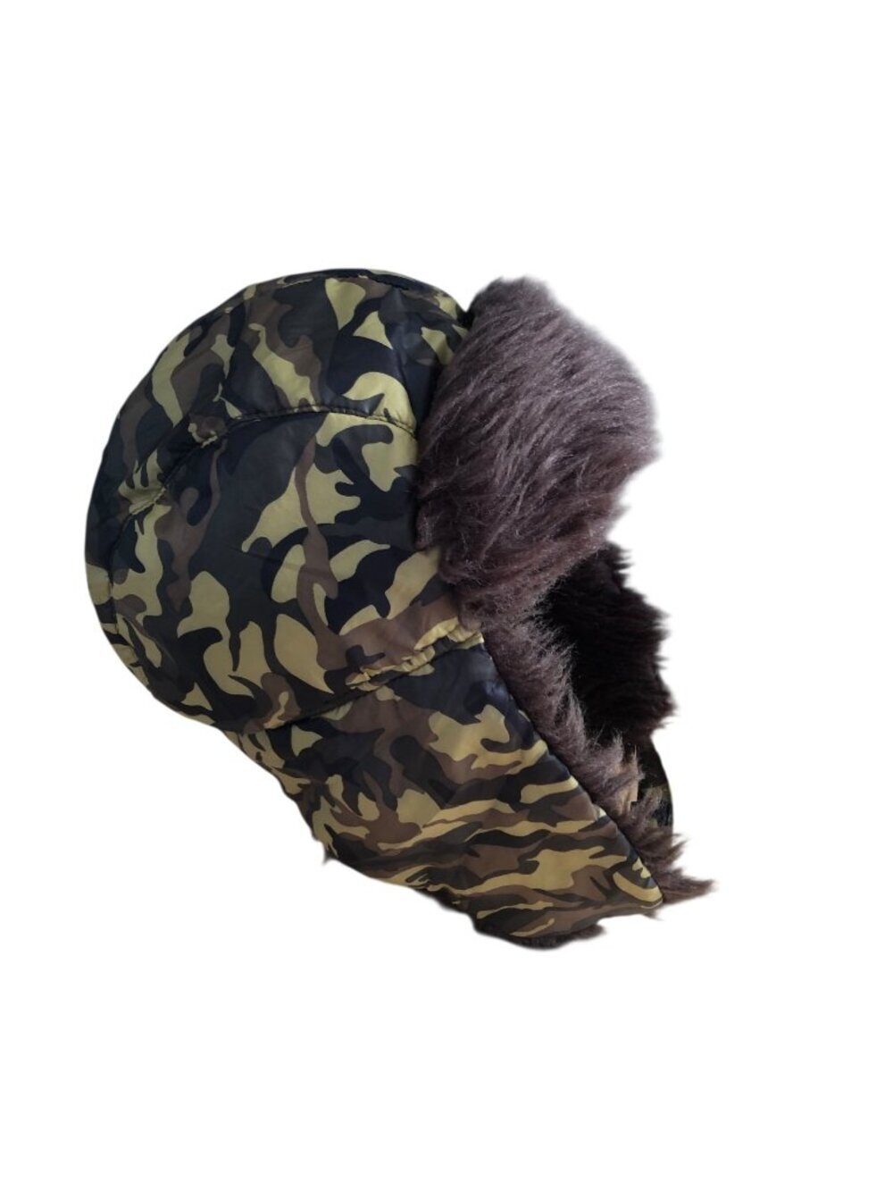 Woodland Camouflage Aviator Trapper Hat Cap Brown Green Fleece Faux Fur Lined
